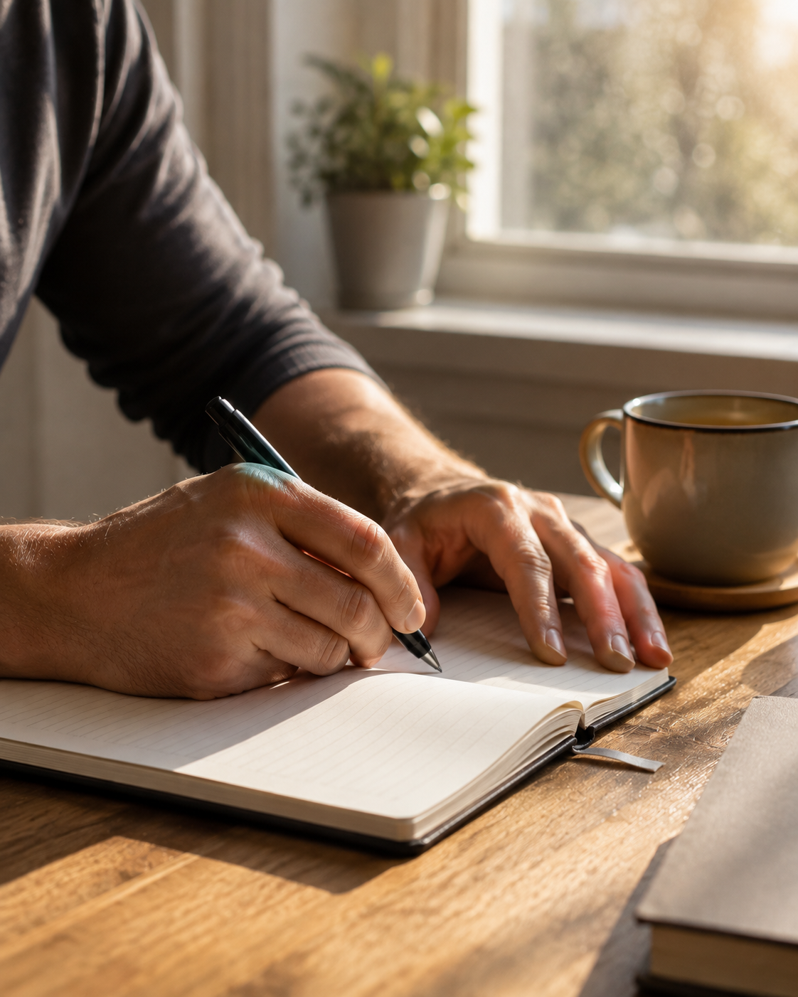 Notebook and coffee on a wooden desk, representing the founder's story