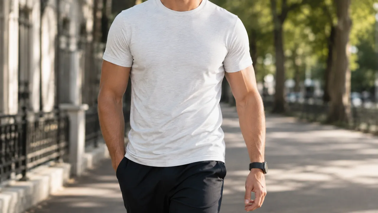 Man walking confidently outdoors in a fitted t-shirt